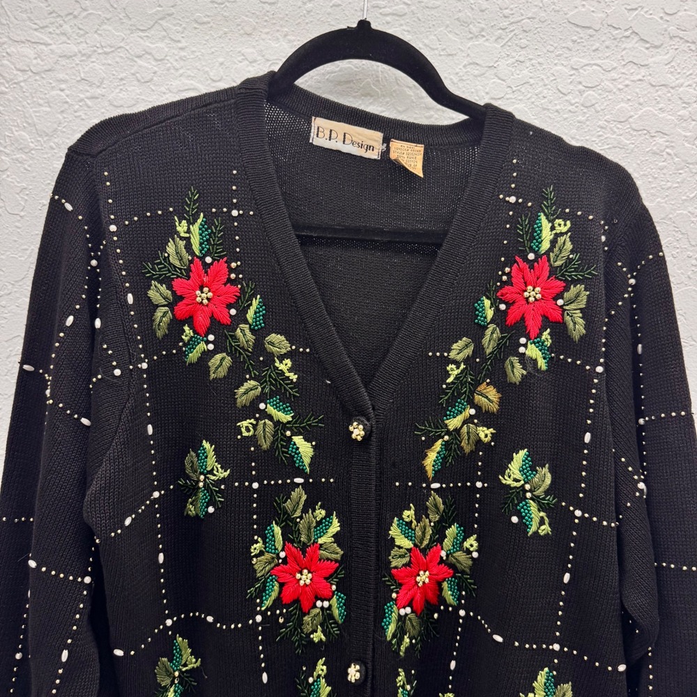 B.P. Design Black Beaded Poinsettia Christmas Cardigan Sweater XL‎ Holiday